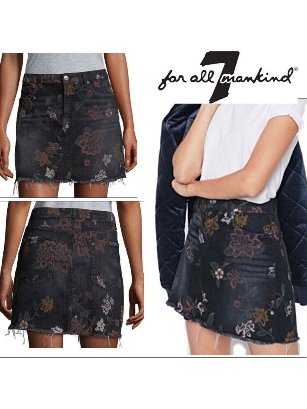 7 For All Mankind Skirt Size 27 Denim Mini A Line Floral Art Raw Hem Black